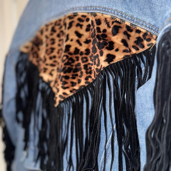 SHEIN Jean Jacket Blue and Black with Fringe and Animal Print - Picture 4 of 13